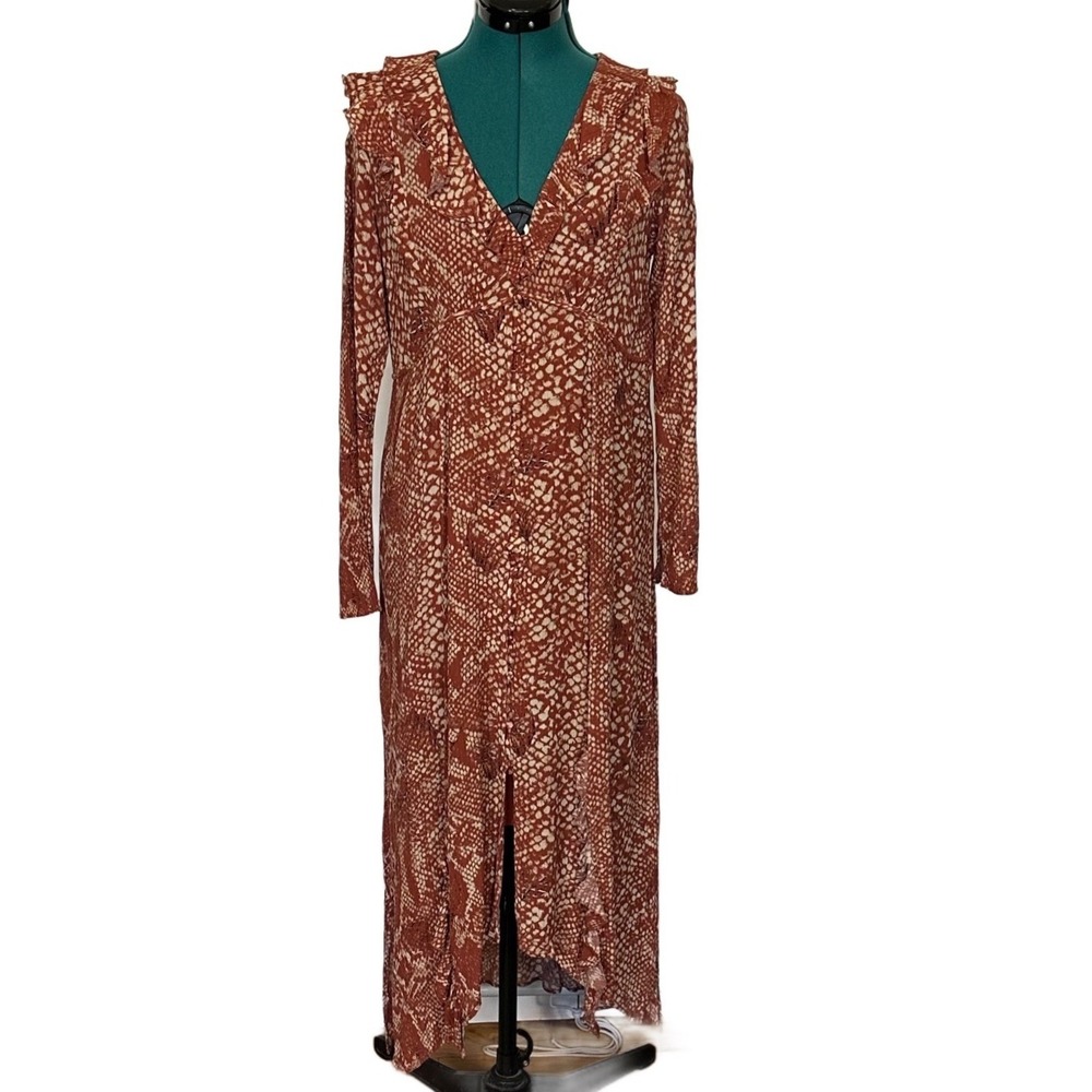 AllSaints Liana Waimea Dress Snake‎ Print Ruffle Maxi 10 Rust Brown Boho Edgy